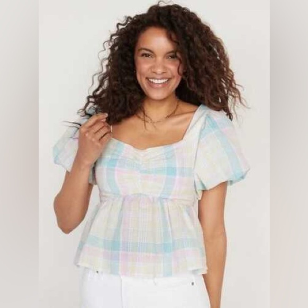 OLD NAVY NWT New With Tags Puff Sleeve Smocked Seersucker Babydoll Swing Blouse